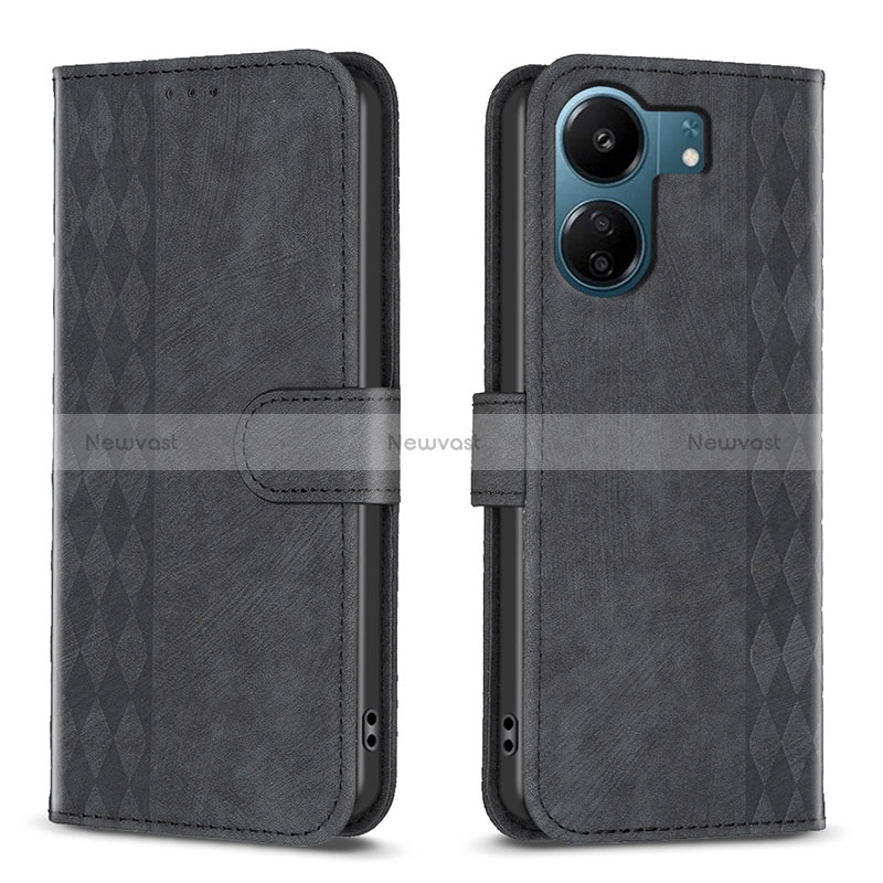 Leather Case Stands Flip Cover Holder B21F for Xiaomi Redmi 13C Black