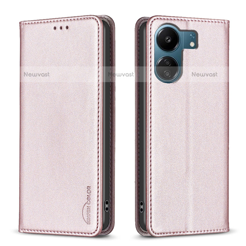 Leather Case Stands Flip Cover Holder B22F for Xiaomi Poco C65 Rose Gold