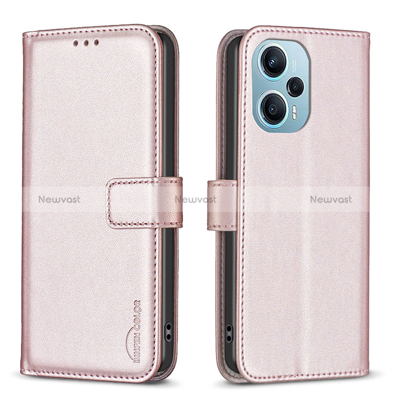 Leather Case Stands Flip Cover Holder B22F for Xiaomi Poco F5 5G Rose Gold