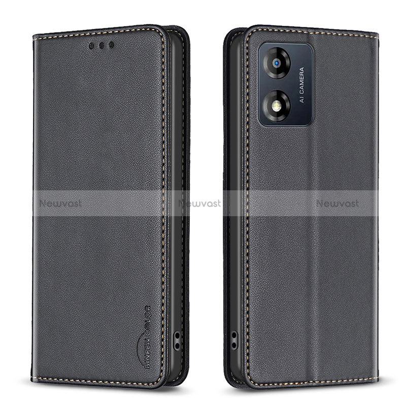 Leather Case Stands Flip Cover Holder B23F for Motorola Moto E13 Black