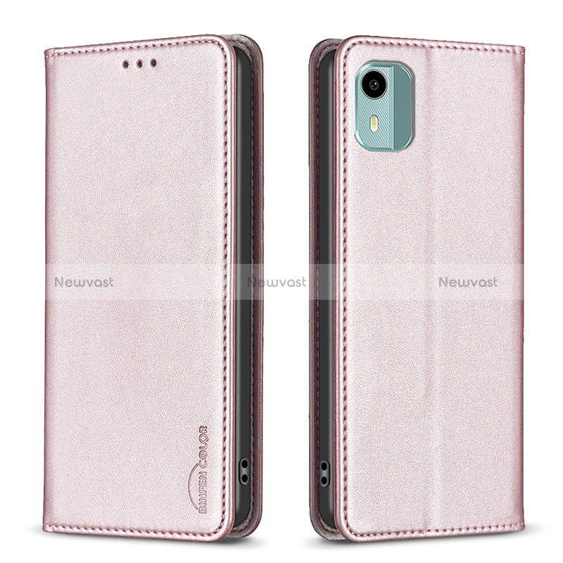 Leather Case Stands Flip Cover Holder B23F for Nokia C12 Plus Rose Gold