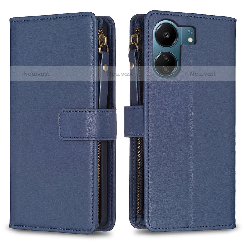 Leather Case Stands Flip Cover Holder B23F for Xiaomi Poco C65 Blue