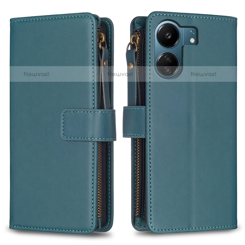 Leather Case Stands Flip Cover Holder B23F for Xiaomi Poco C65 Green