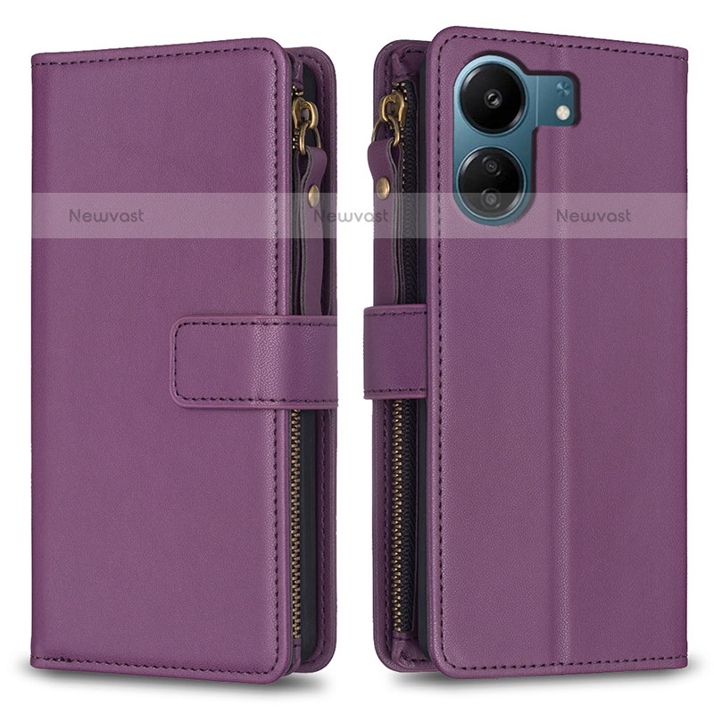 Leather Case Stands Flip Cover Holder B23F for Xiaomi Poco C65 Purple