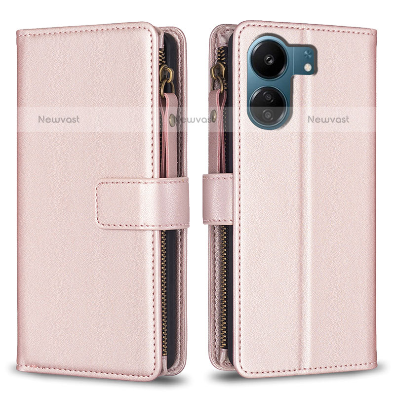 Leather Case Stands Flip Cover Holder B23F for Xiaomi Poco C65 Rose Gold