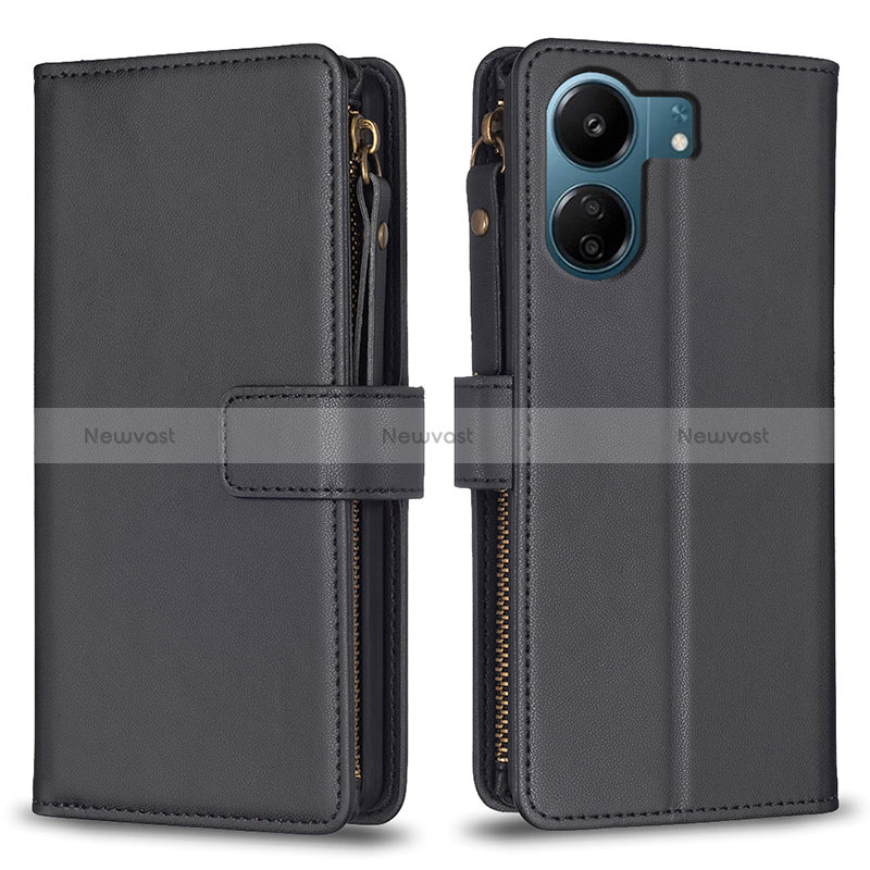 Leather Case Stands Flip Cover Holder B23F for Xiaomi Redmi 13C Black