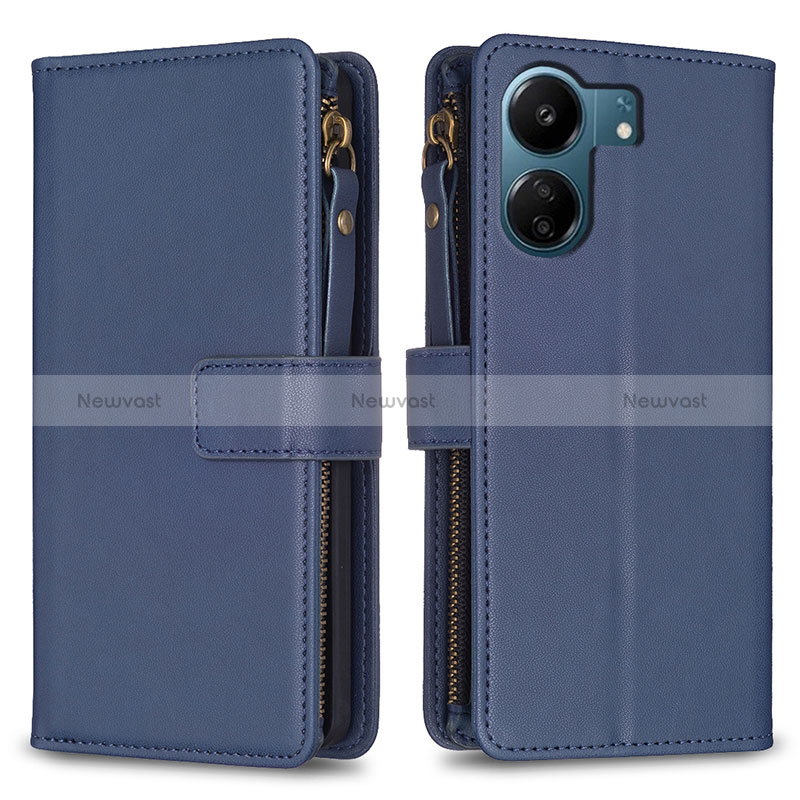 Leather Case Stands Flip Cover Holder B23F for Xiaomi Redmi 13C Blue