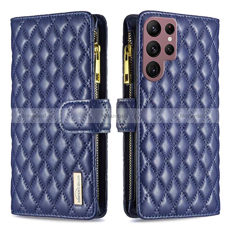 Leather Case Stands Flip Cover Holder BF1 for Samsung Galaxy S22 Ultra 5G Blue