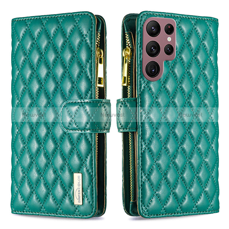 Leather Case Stands Flip Cover Holder BF1 for Samsung Galaxy S22 Ultra 5G Green