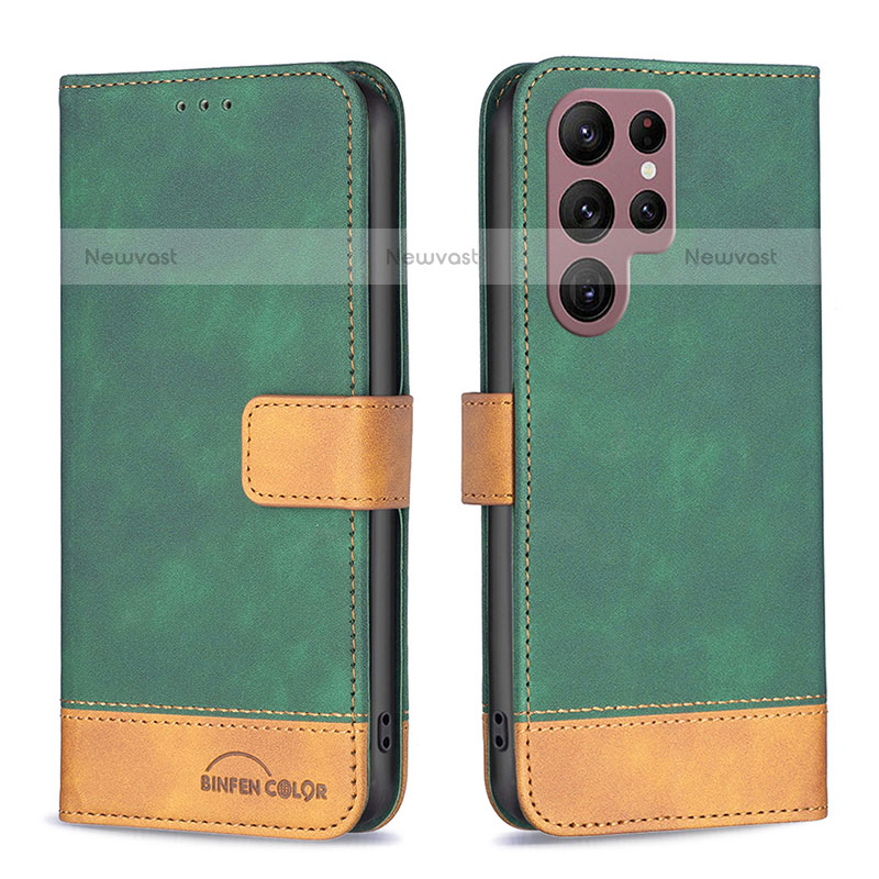 Leather Case Stands Flip Cover Holder BF1 for Samsung Galaxy S23 Ultra 5G Green