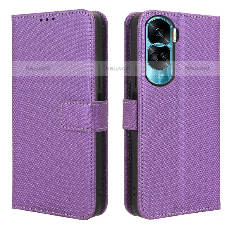 Leather Case Stands Flip Cover Holder BY1 for Huawei Honor 90 Lite 5G Purple