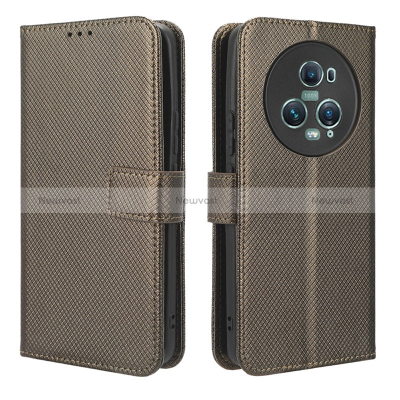 Leather Case Stands Flip Cover Holder BY1 for Huawei Honor Magic5 Pro 5G Brown