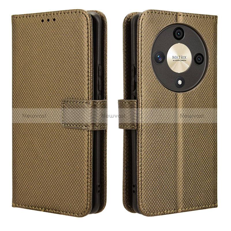 Leather Case Stands Flip Cover Holder BY1 for Huawei Honor X9b 5G Brown