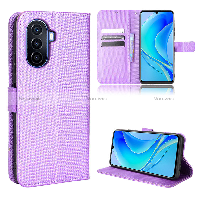 Leather Case Stands Flip Cover Holder BY1 for Huawei Nova Y70 Purple