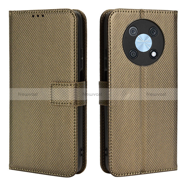 Leather Case Stands Flip Cover Holder BY1 for Huawei Nova Y90 Brown