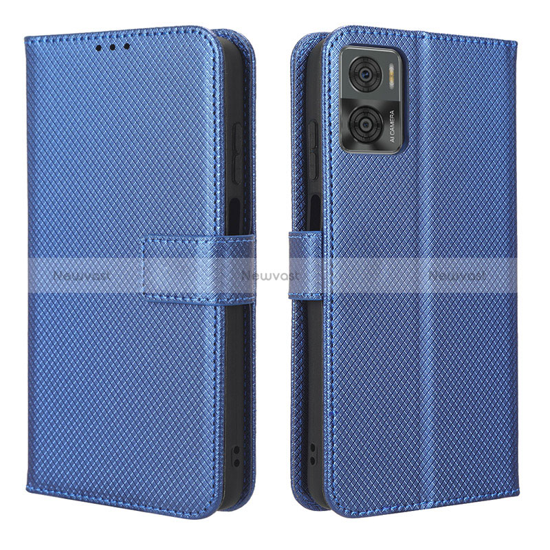 Leather Case Stands Flip Cover Holder BY1 for Motorola Moto E22i Blue