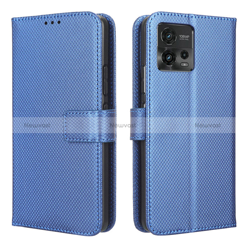 Leather Case Stands Flip Cover Holder BY1 for Motorola Moto G72 Blue