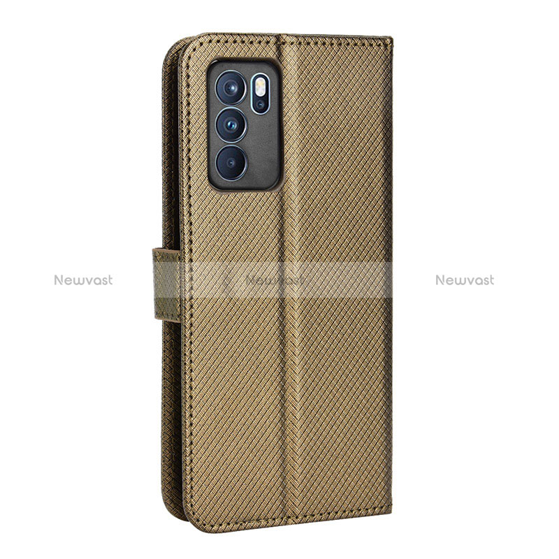 Leather Case Stands Flip Cover Holder BY1 for Oppo Reno6 5G Brown