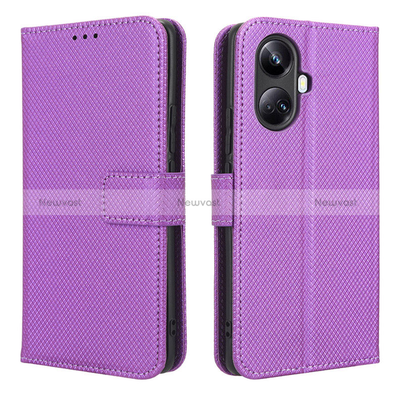 Leather Case Stands Flip Cover Holder BY1 for Realme 10 Pro+ Plus 5G Purple