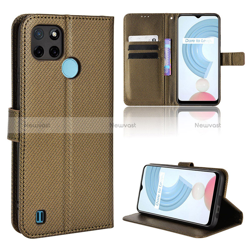 Leather Case Stands Flip Cover Holder BY1 for Realme C21Y Brown