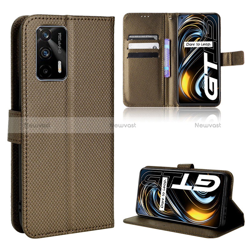 Leather Case Stands Flip Cover Holder BY1 for Realme GT 5G Brown