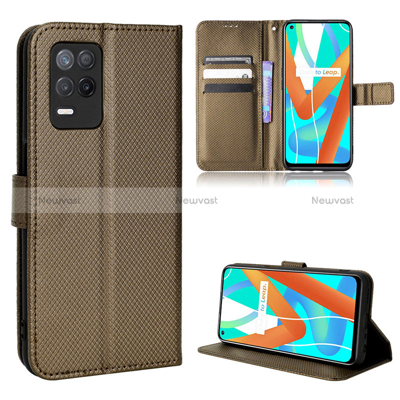 Leather Case Stands Flip Cover Holder BY1 for Realme V13 5G Brown