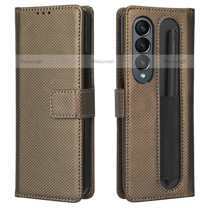 Leather Case Stands Flip Cover Holder BY1 for Samsung Galaxy Z Fold3 5G Brown