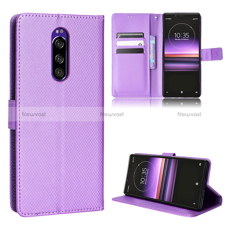 Leather Case Stands Flip Cover Holder BY1 for Sony Xperia 1 Purple