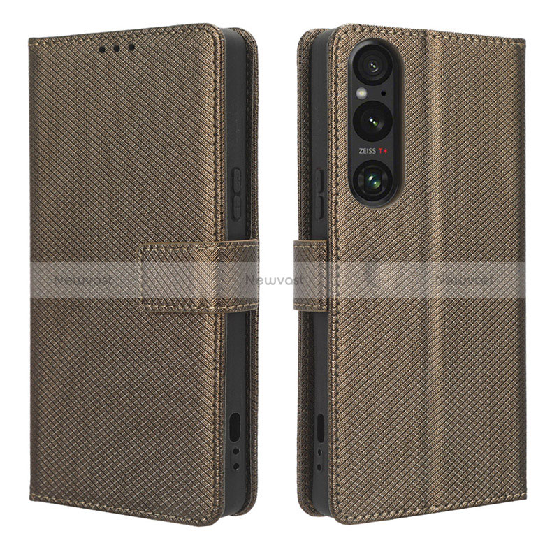 Leather Case Stands Flip Cover Holder BY1 for Sony Xperia 1 V Brown