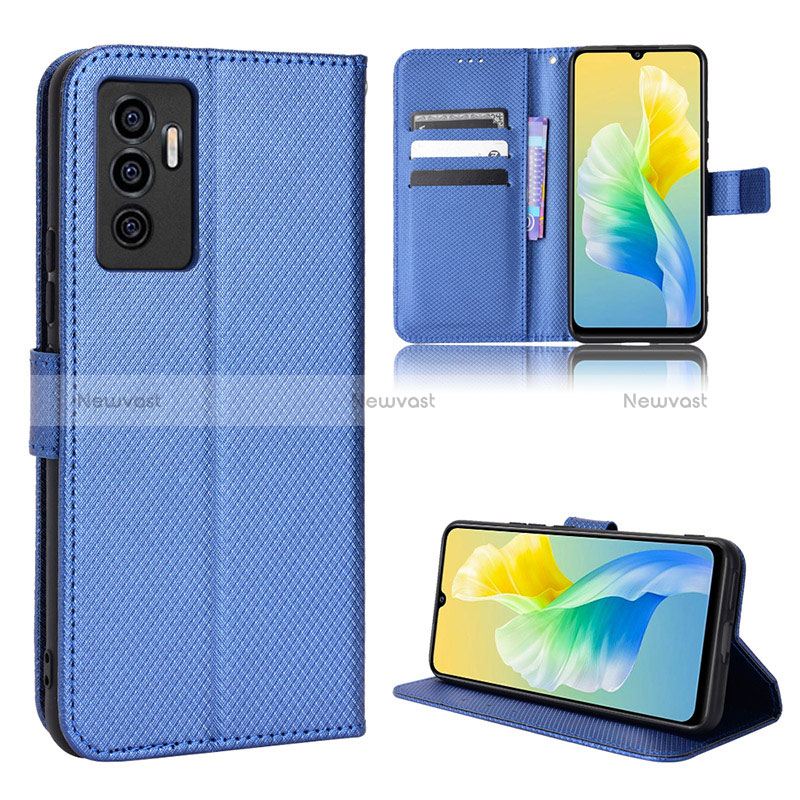 Leather Case Stands Flip Cover Holder BY1 for Vivo V23e Blue