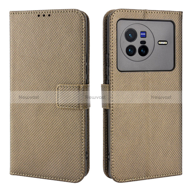 Leather Case Stands Flip Cover Holder BY1 for Vivo X80 5G Brown