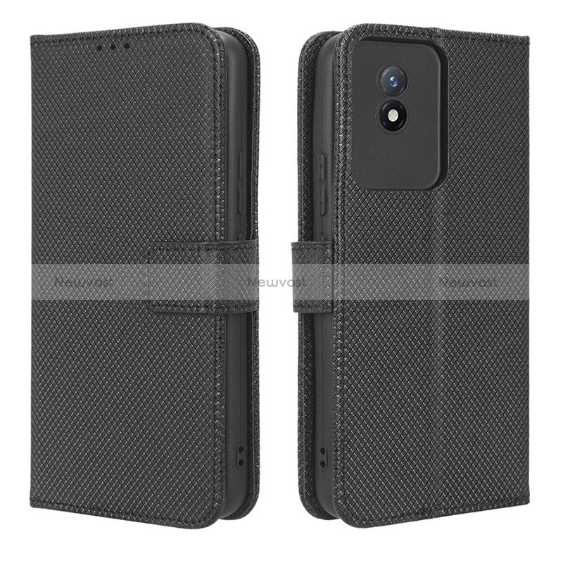 Leather Case Stands Flip Cover Holder BY1 for Vivo Y02 Black