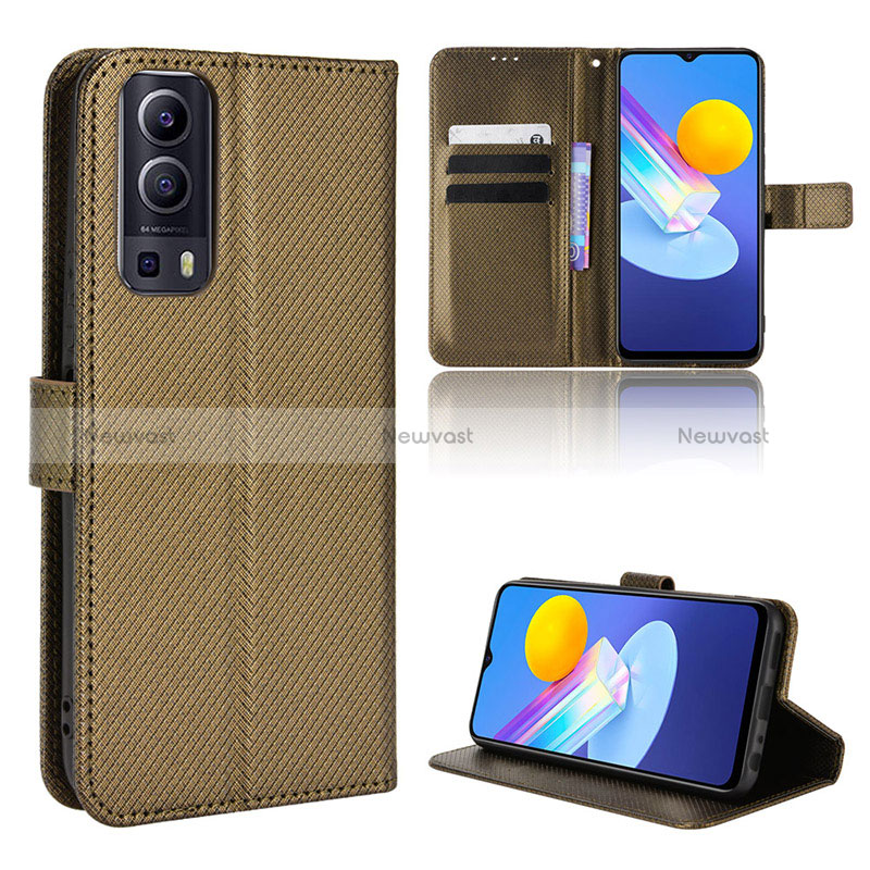 Leather Case Stands Flip Cover Holder BY1 for Vivo Y52 5G Brown