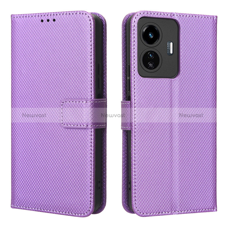 Leather Case Stands Flip Cover Holder BY1 for Vivo Y77e 5G Purple