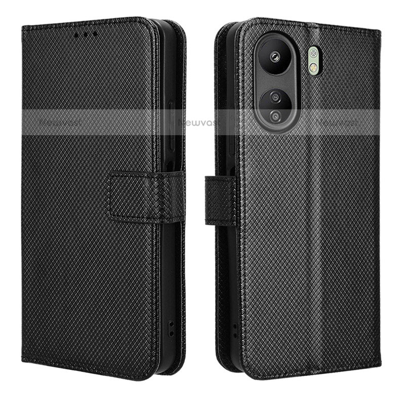 Leather Case Stands Flip Cover Holder BY1 for Xiaomi Poco C65 Black