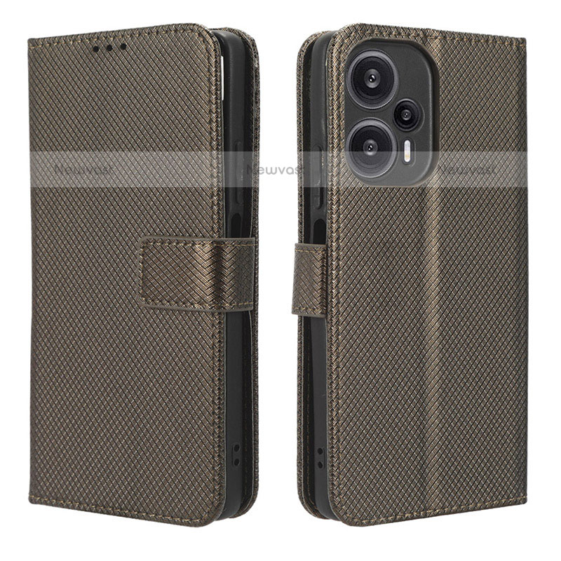 Leather Case Stands Flip Cover Holder BY1 for Xiaomi Poco F5 5G Brown