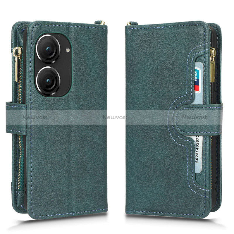 Leather Case Stands Flip Cover Holder BY2 for Asus Zenfone 9 Green