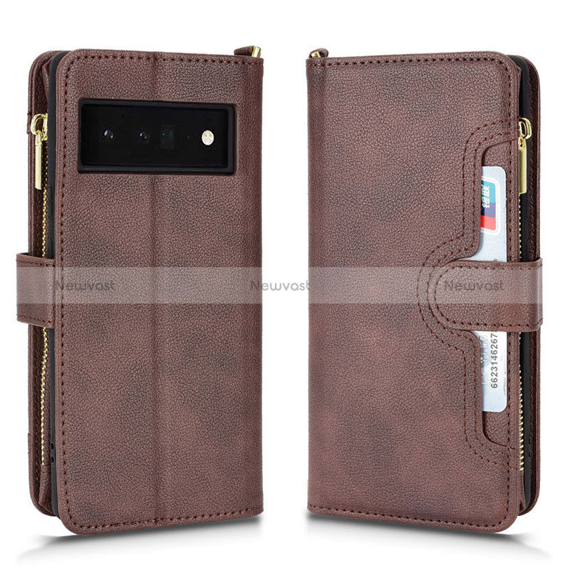 Leather Case Stands Flip Cover Holder BY2 for Google Pixel 6 Pro 5G Brown