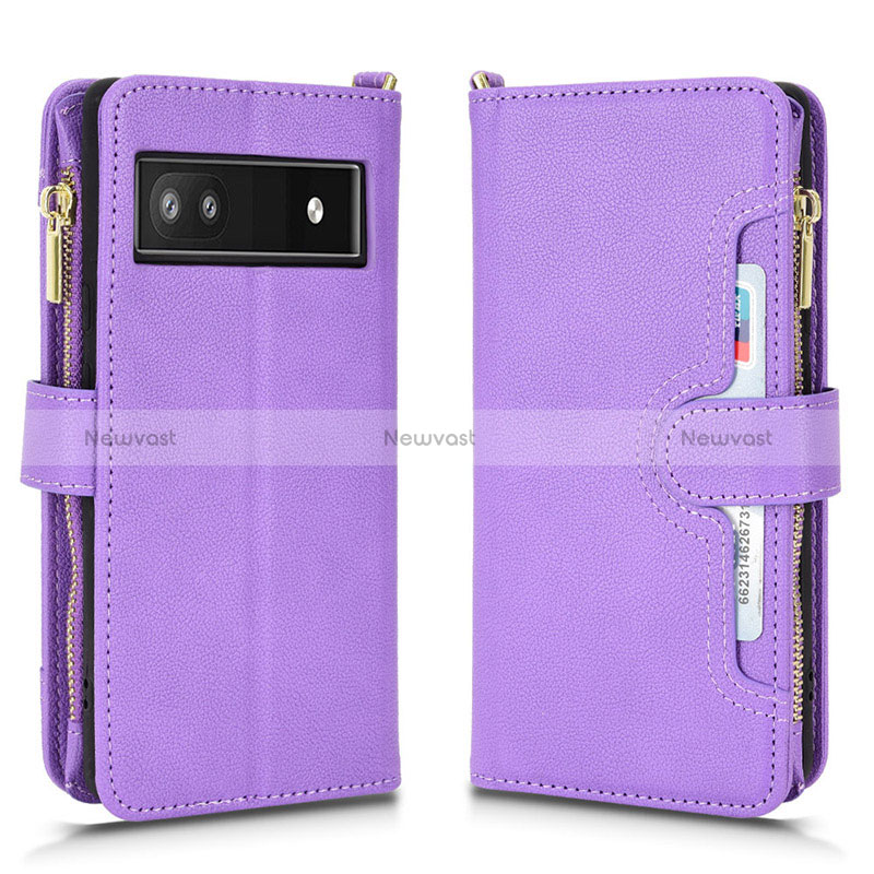 Leather Case Stands Flip Cover Holder BY2 for Google Pixel 6a 5G Purple