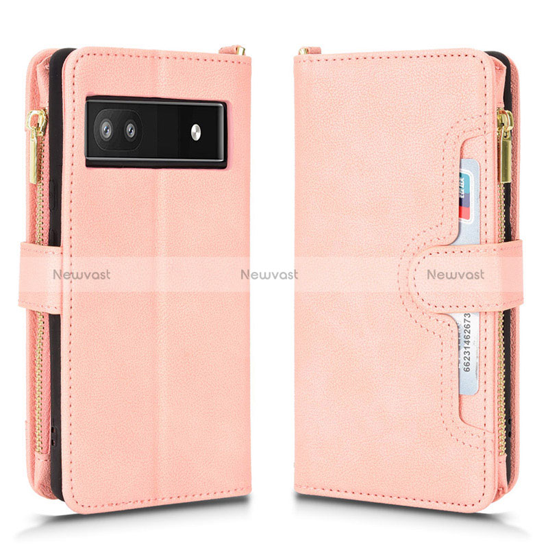 Leather Case Stands Flip Cover Holder BY2 for Google Pixel 6a 5G Rose Gold