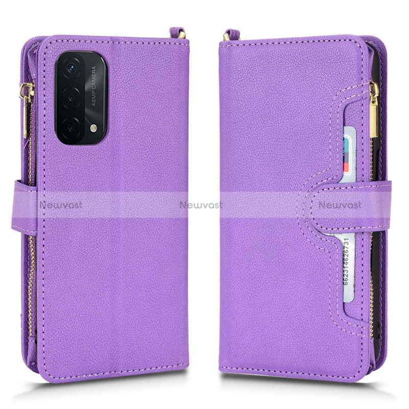 Leather Case Stands Flip Cover Holder BY2 for Oppo A54 5G Purple