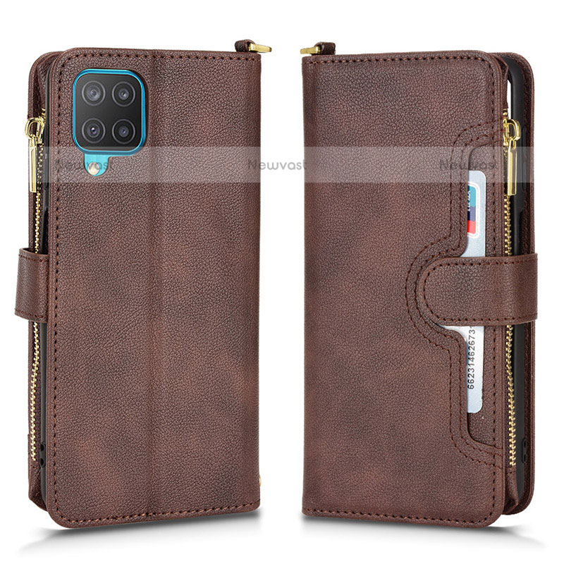 Leather Case Stands Flip Cover Holder BY2 for Samsung Galaxy A12 Brown