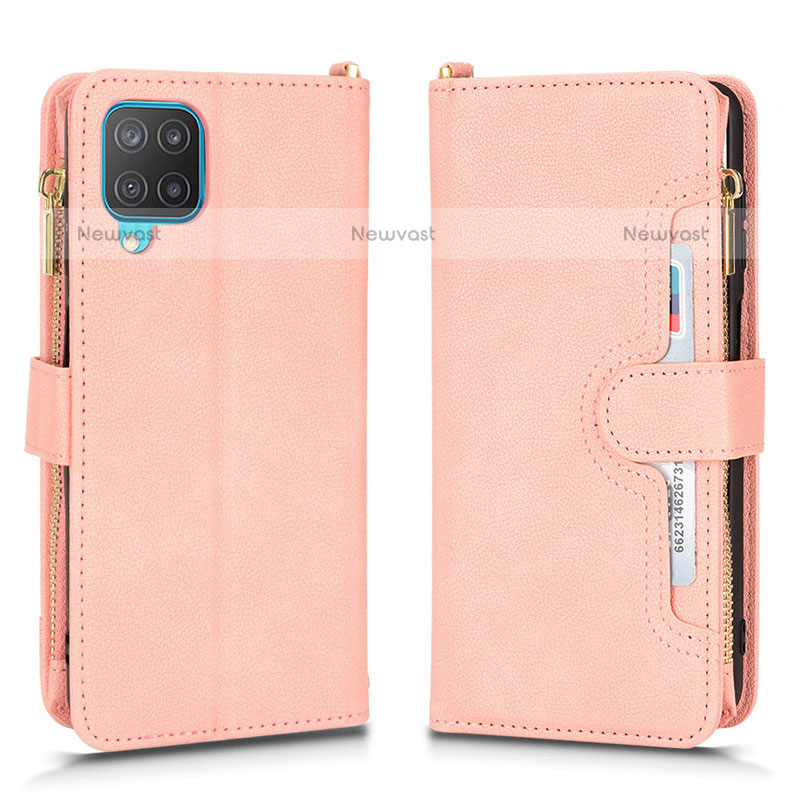 Leather Case Stands Flip Cover Holder BY2 for Samsung Galaxy F12 Rose Gold