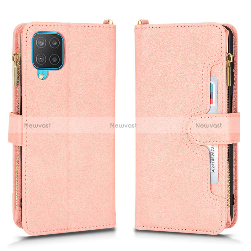 Leather Case Stands Flip Cover Holder BY2 for Samsung Galaxy M12 Rose Gold