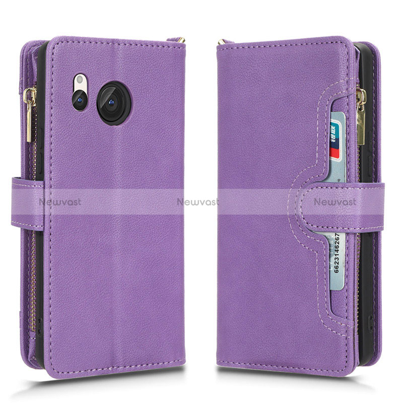 Leather Case Stands Flip Cover Holder BY2 for Sharp Aquos R8 Purple