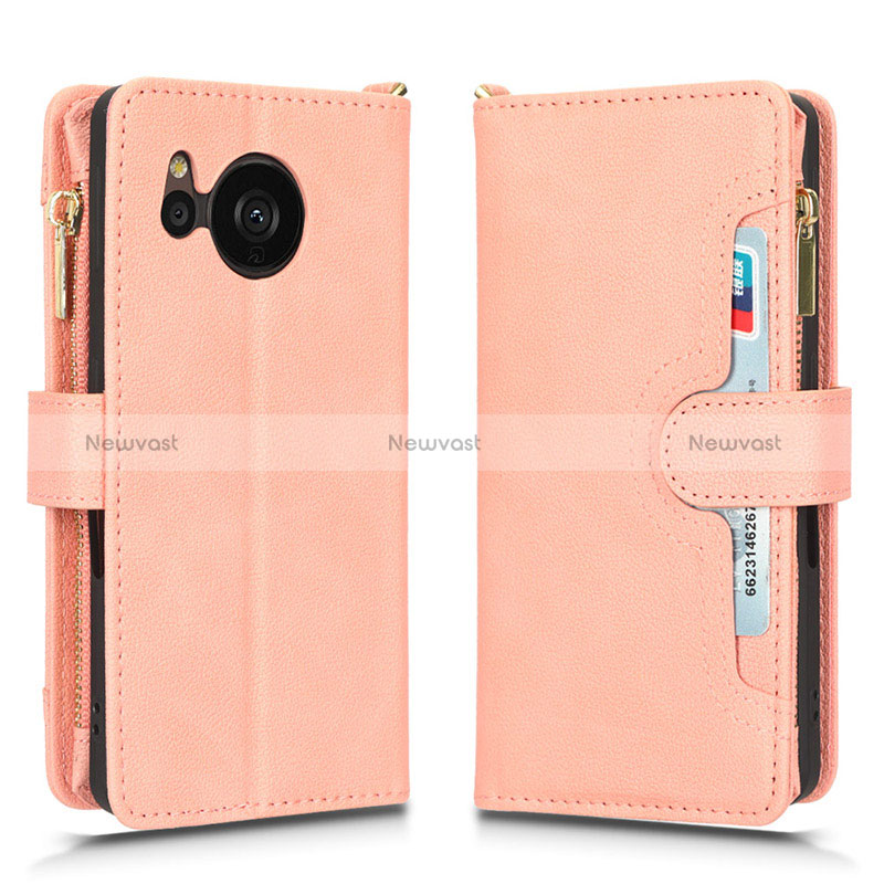 Leather Case Stands Flip Cover Holder BY2 for Sharp Aquos Sense7 Rose Gold