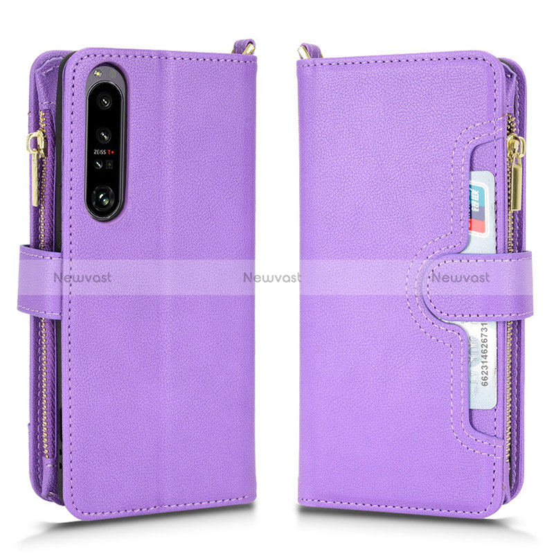 Leather Case Stands Flip Cover Holder BY2 for Sony Xperia 1 IV Purple