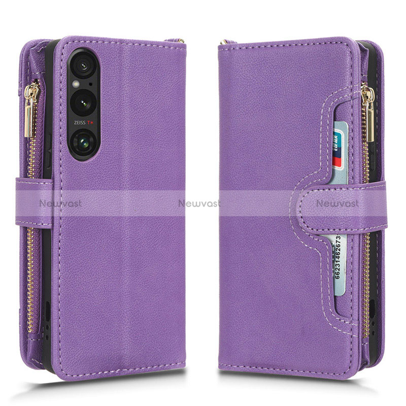 Leather Case Stands Flip Cover Holder BY2 for Sony Xperia 1 V Purple