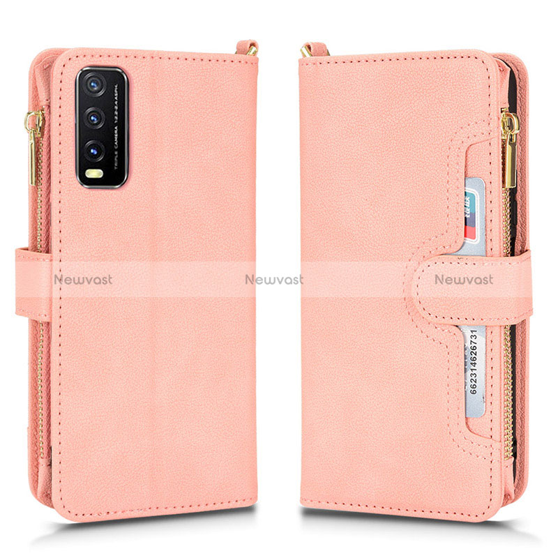 Leather Case Stands Flip Cover Holder BY2 for Vivo Y20a Rose Gold