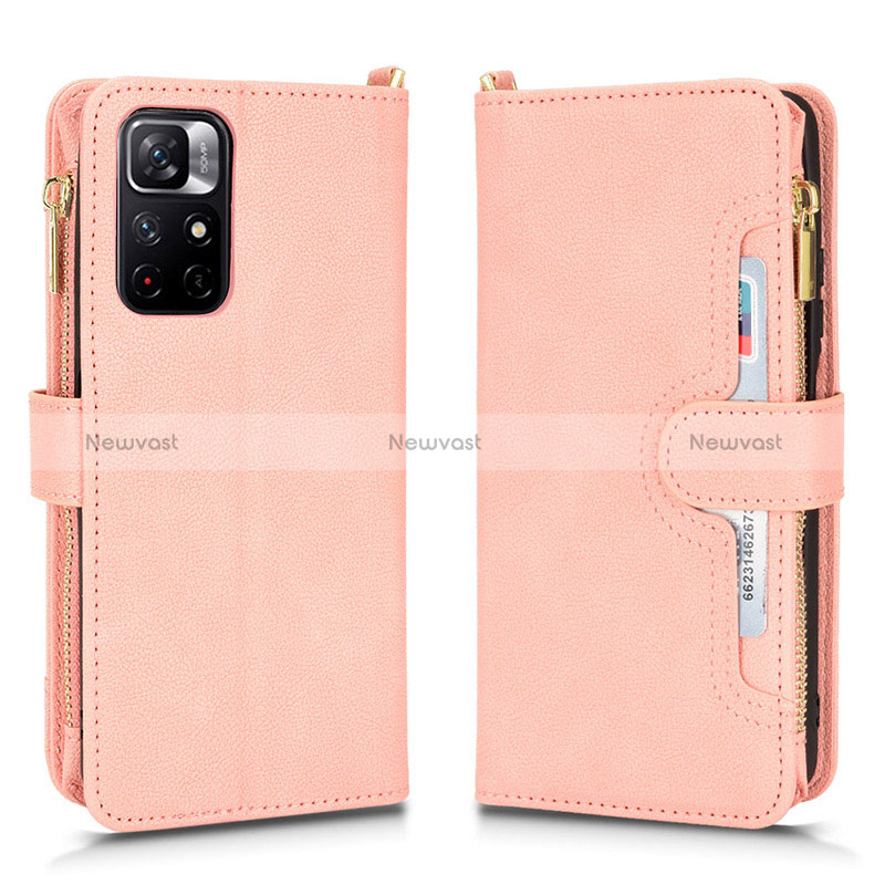 Leather Case Stands Flip Cover Holder BY2 for Xiaomi Poco M4 Pro 5G Rose Gold